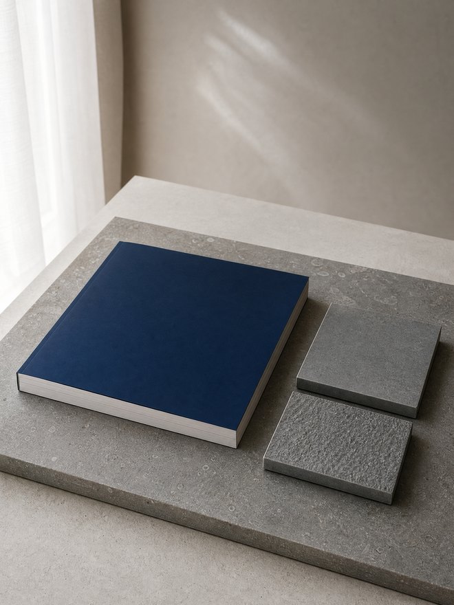 Catalogue papier posé sur une dalle de pierre bleue, à côté de deux échantillons de finitions